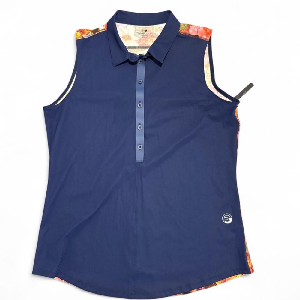 Foray Golf Sleeveless Polo Shirt Navy Floral Back Women’s Medium NWT
